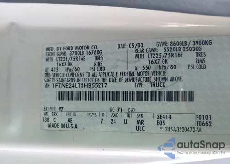 2003 Ford E-250 Commercial/Recreational from USA, damaged, VIN 1FTNE24L13HB55217